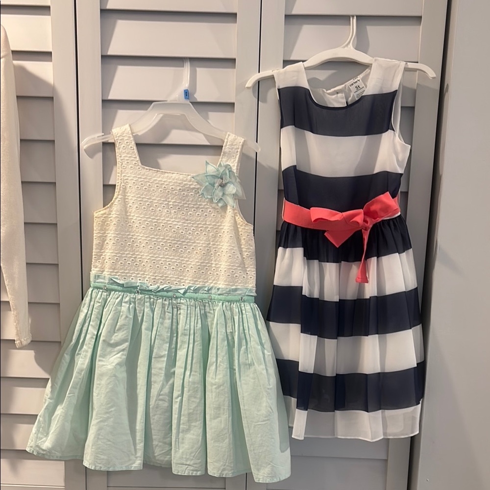 Striped Navy and White Dress with Pink Bow and white and teal dress